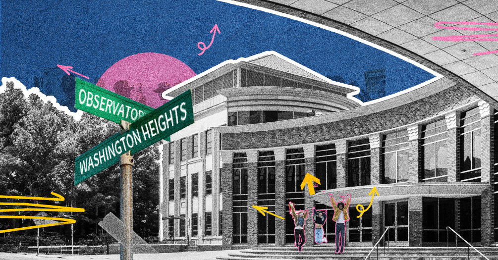 An exterior photo of the University of Michigan School of Public Health in grayscale, with a green streetsign reading